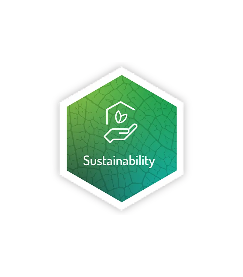 Graphic with the text Sustainability and a icon resembling a hand holding a leaf